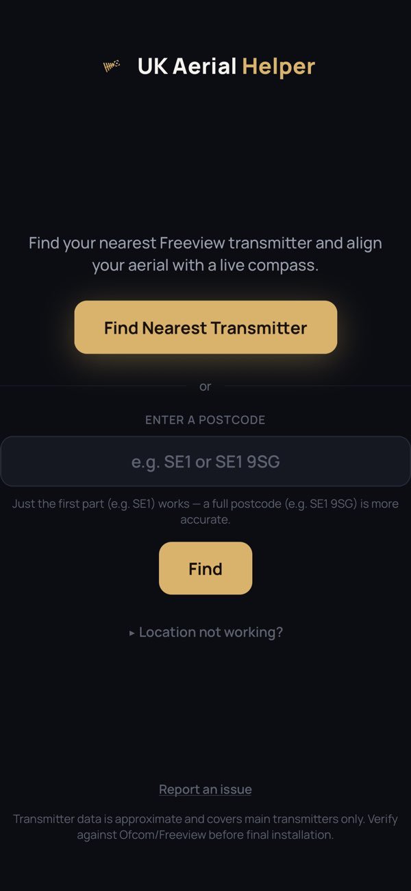 UK Aerial Helper postcode entry screen